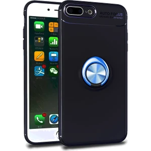 Case 4U Apple iPhone 7-8 Plus Kılıf Yüzüklü Darbeye Dayanıklı (Mıknatıslı Araç Tutucu Uyumlu) Siyah - Mavi
