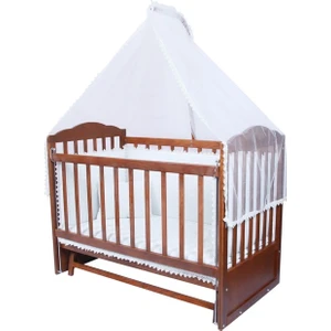 Ahşap Ceviz Renk Anne Yanı Beşik 3 Kademeli Sallanan Ahşap Beşik 60 x 120 cm - Ekru Güpürlü Uyku Setli & Soft Yataklı