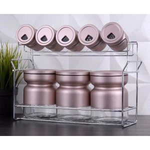 Rose 8 Parça Metal Kaplı Cam Baharatlık Seti