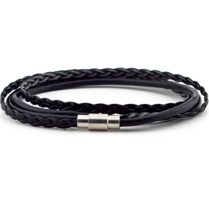 Gümüş Renk Klipsli İki Sıra Sarma Siyah Deri Erkek Bileklik Bt499