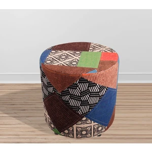 Armi Puf Modern Patchwork Desenli Yuvarlak Ahşap Puf