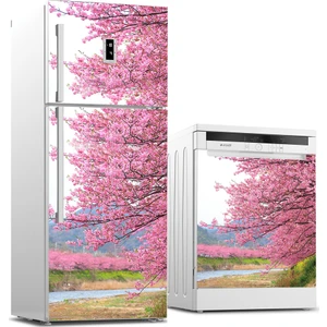 Tilki Dünyası Pembe Çiçekler Buzdolabı ve Bulaşık Makinesi Takım Sticker 0035