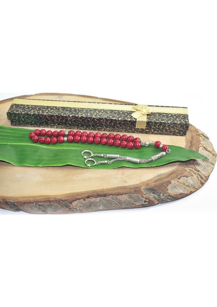 Çift Püskül Ay Yıldız Uçlu Küre Kesim 8 mm Tesbih Kırmızı Mercan Tespih Rdt2265