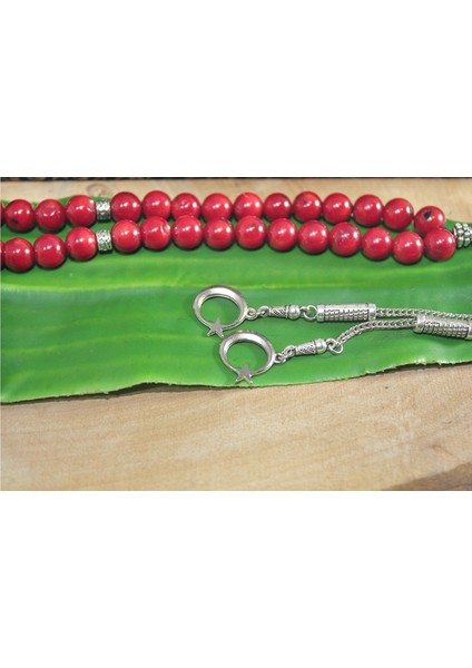 Çift Püskül Ay Yıldız Uçlu Küre Kesim 8 mm Tesbih Kırmızı Mercan Tespih Rdt2265 fiyatları