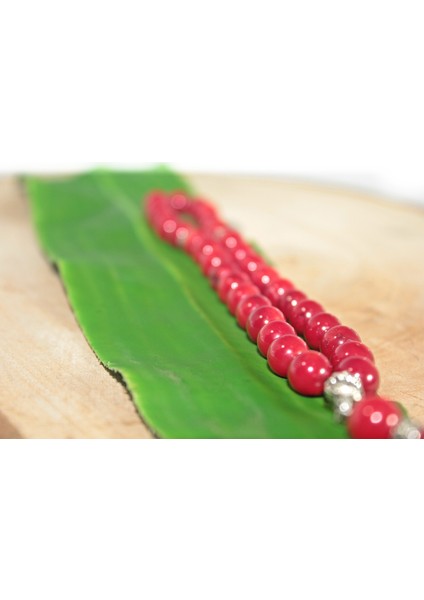 Çift Püskül Ay Yıldız Uçlu Küre Kesim 8 mm Tesbih Kırmızı Mercan Tespih Rdt2265 modelleri