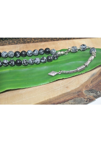 Tek Püskül Karo Uçlu Küre Kesim 8 mm Tesbih Gri Obsidyen Tespih Rdt2295