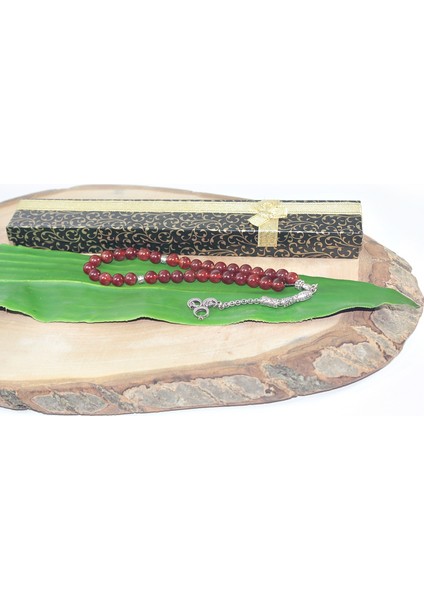 Tek Püskül Üç Hilal Uçlu Küre Kesim 8 mm Tesbih Kırmızı Akik Tespih Rdt2110