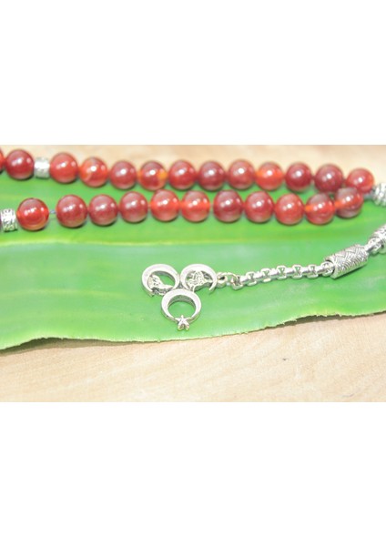 Tek Püskül Üç Hilal Uçlu Küre Kesim 8 mm Tesbih Kırmızı Akik Tespih Rdt2110 fiyatları