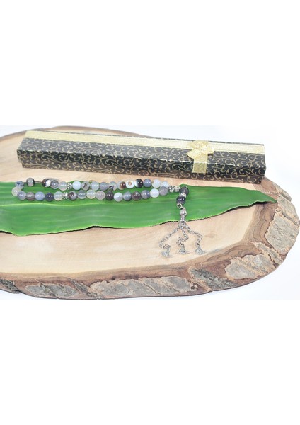 Üç Püskül Tuğra Uçlu Küre Kesim 8mm Tesbih Damarlı Duman Akik Taşı Tespih Rdt2193