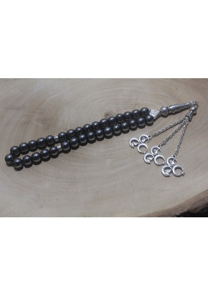 Üç Püskül Üç Hilal Uçlu Küre Kesim 8 mm Hematit Tespih Tesbih Rdt1240