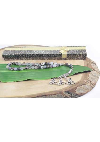 Üç Püskül Üç Hilal Uçlu Küre Kesim 8mm Tesbih Damarlı Duman Akik Taşı Tespih Rdt2192