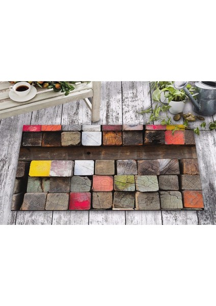 Olunca Renkli Tahtalar Tasarım Kapı Önü ve Ev İçi Paspas 45x75 cm