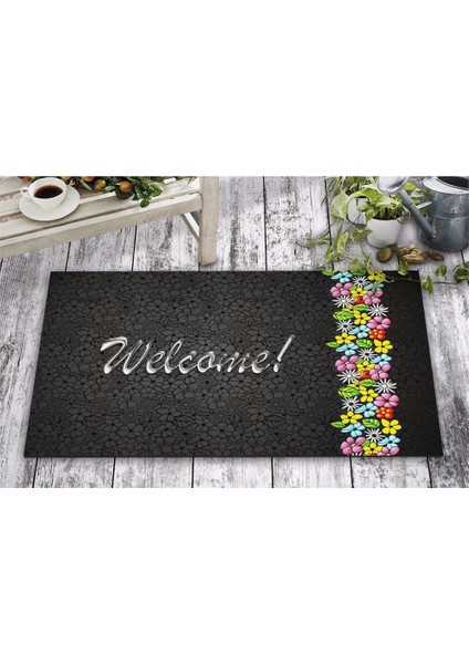 Olunca Çiçekli Welcome Tasarım Kapı Önü ve Ev İçi Paspas 45x75 cm