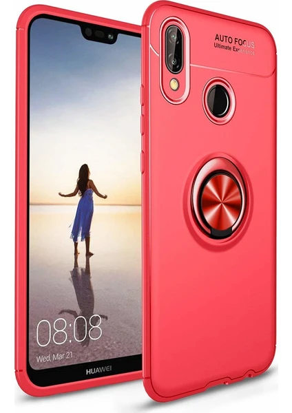 Case 4U Huawei P20 Lite Kılıf Yüzüklü Darbeye Dayanıklı (Mıknatıslı Araç Tutucu Uyumlu) Kırmızı