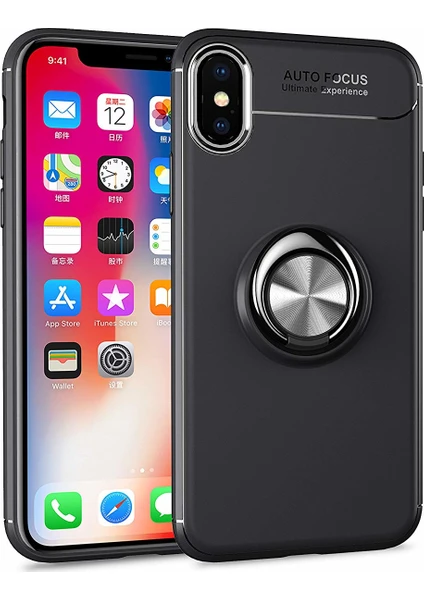 Case 4U Apple iPhone X Kılıf Yüzüklü Darbeye Dayanıklı (Mıknatıslı Araç Tutucu Uyumlu) Siyah