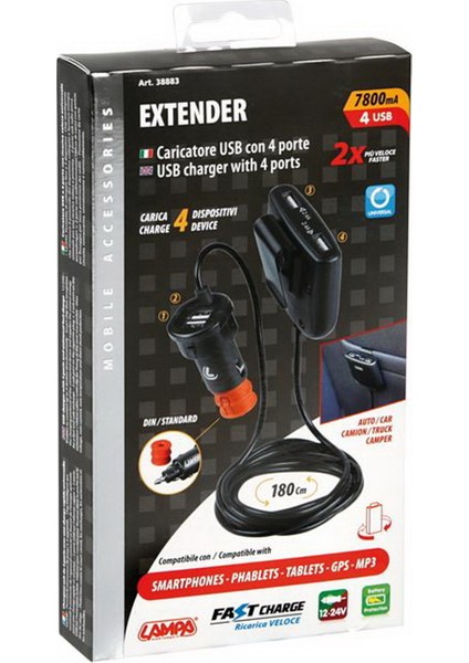 Extender 4 Usb Uzatma 180cm Hızlı Şarj Soketi 7800mA 12/24V 38883