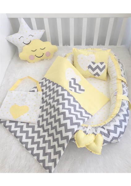 Jaju Baby Babynest Gri Zigzaglı Sarı Tasarım Baby nest