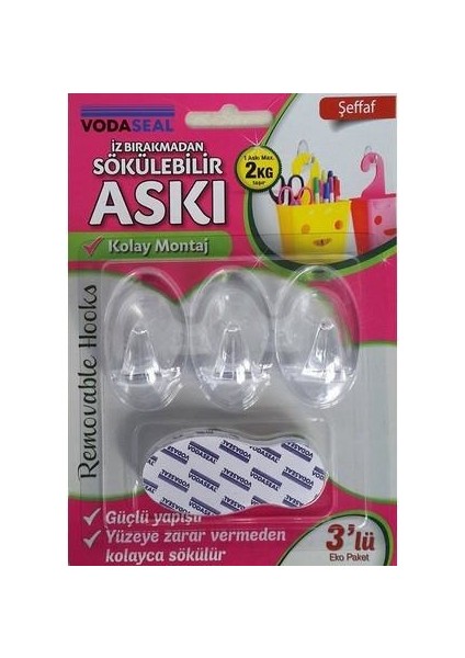 İz Bırakmadan Sökülebilir Askı Şeffaf 3 Lü Eko Paket Max 2 Kg