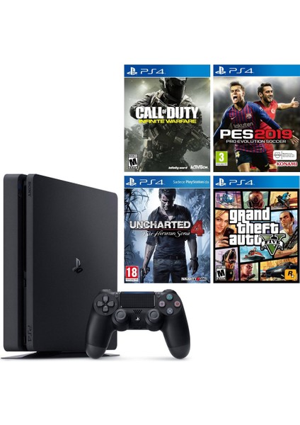 PS4 Slim 1Tb Oyun Konsolu + PS4 Pes 19 + PS4 Gta 5 + PS4 Uncharted 4 + PS4 Cod