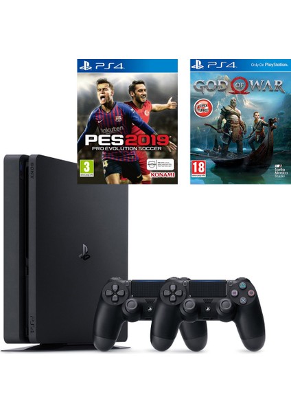 PS4 Slim 1Tb Oyun Konsolu + 2. PS4 Kol + PS4 Pes 19 + PS4 God Of War