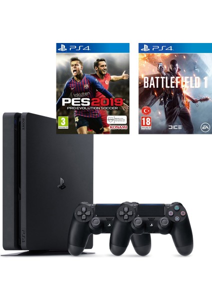 Playstation 4 Slim + 2.Dualshock + PS4 Pes 19 + PS4 Battlefield 1