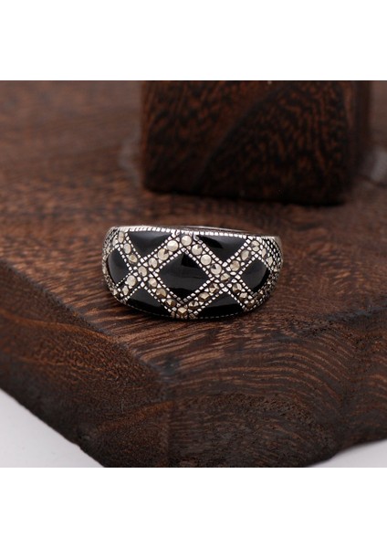 Onix Ve Markazit Taşlı Tasarım Gümüş Yüzük 2281