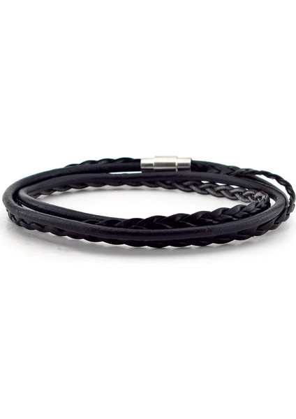 Gümüş Renk Klipsli İki Sıra Sarma Siyah Deri Erkek Bileklik Bt499 fiyatları