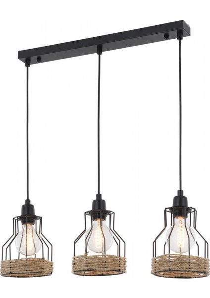 AV-1584-3Y-BSY Siyah Boyalı Modern Avize E27 Metal Jüt Halat 55x15cm