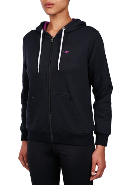 18N-2104 Siyah Kadın Fermuarlı Kapüşonlu Sweatshirt