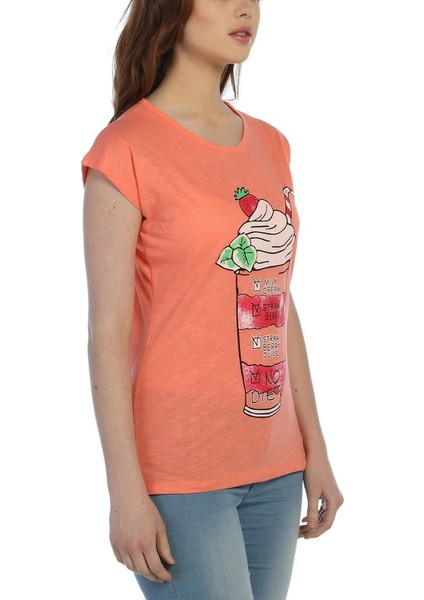 3021 - Turuncu Kadın Milkshake Desenli Baskılı Tshirt fiyatları