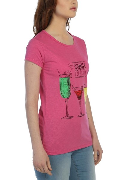 3023 - Pembe Kadın Summer Kokteyl Desenli Baskılı Tshirt fiyatları