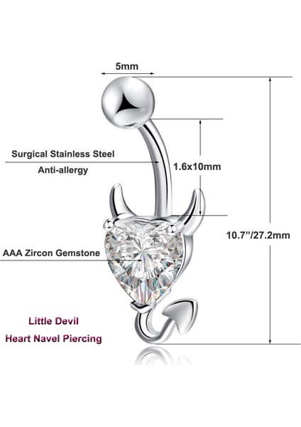 Beyaz Kalp Taşlı Şeytan Çelik Göbek Piercing Dt70By