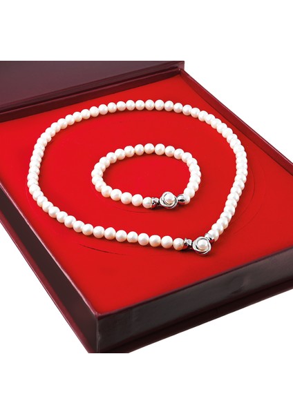 İnci Küçük Broş Gümüş Kolye Bileklik Küpe Takımı,Set Ds48