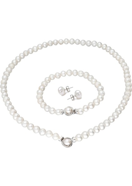 İnci Küçük Broş Gümüş Kolye Bileklik Küpe Takımı,Set Ds48