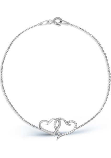 Zirkon Taşlı Gümüş Kalplerin Birlikteliği Bileklik