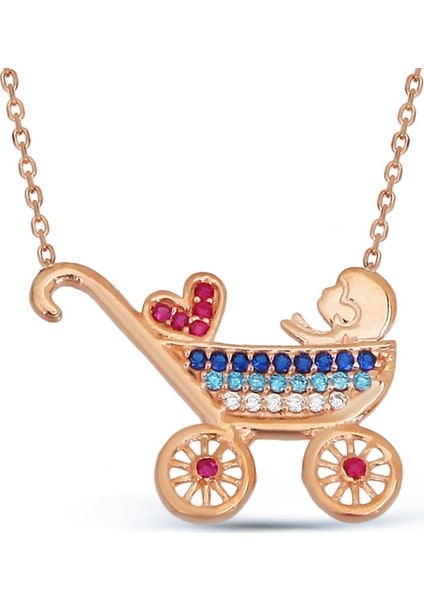 Zirkon Taşlı Gümüş Bebek Arabası Kolye
