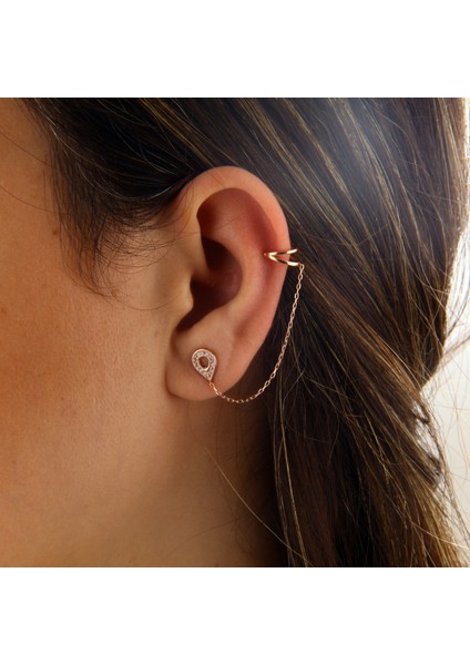 Damla Motifli Gümüş Zincirli Kıkırdak Küpe modelleri