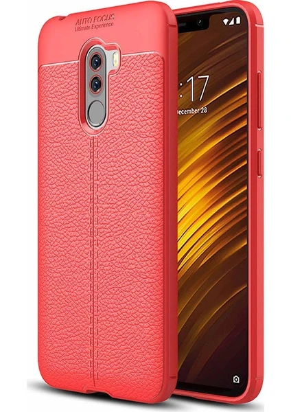 Case 4U Xiaomi Pocophone F1 Kılıf Rugan Armor Deri Görünümlü Yüksek Kalite Silikon Niss - Kırmızı