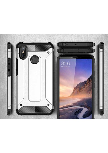 Case 4U Xiaomi Mi Max 3 Kılıf Çift Katman Zırh Koruma Tank Arka Kapak - Gümüş