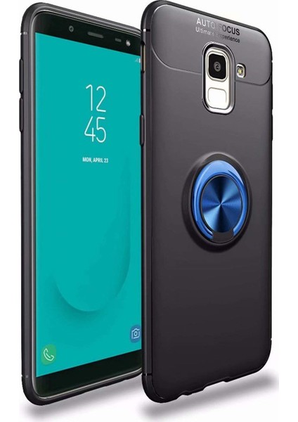 Case 4U Samsung Galaxy J6 Kılıf Autofocus Shockprof Ravel Yüzüklü Standlı Slikon Kapak Siyah - Mavi