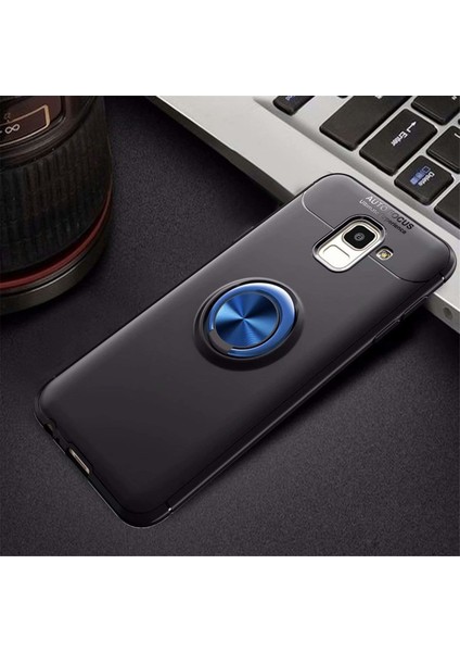 Case 4U Samsung Galaxy J6 Kılıf Autofocus Shockprof Ravel Yüzüklü Standlı Slikon Kapak Siyah - Mavi