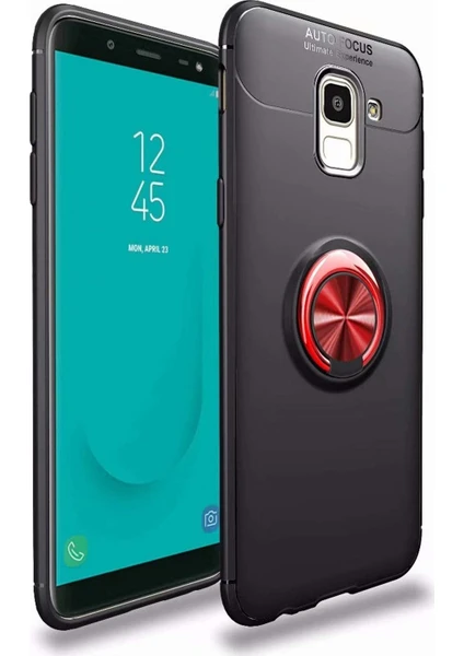 Case 4U Samsung Galaxy J6 Kılıf Autofocus Shockprof Ravel Yüzüklü Standlı Slikon Kapak Siyah - Kırmızı