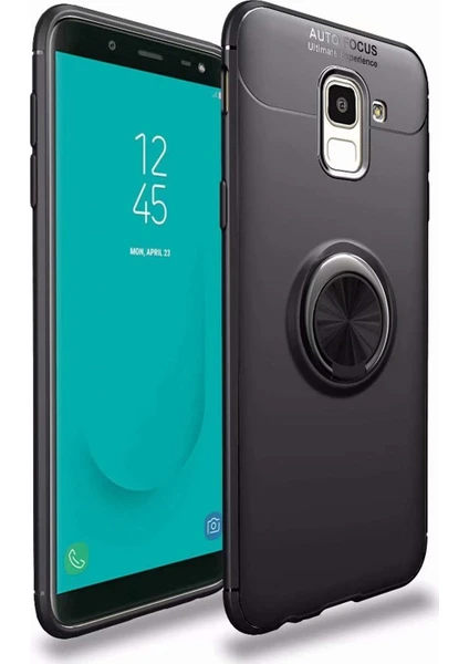 Case 4U Galaxy J6 Kılıf Autofocus Shockprof Ravel Yüzüklü Standlı Slikon Kapak Siyah