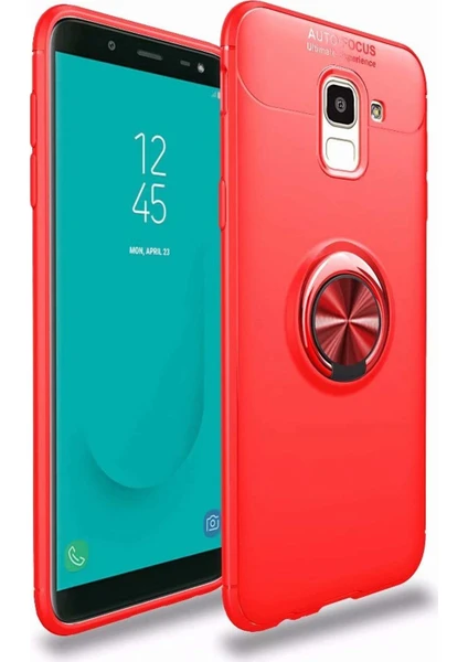 Case 4U Samsung Galaxy J6 Kılıf Autofocus Shockprof Ravel Yüzüklü Standlı Slikon Kapak Kırmızı