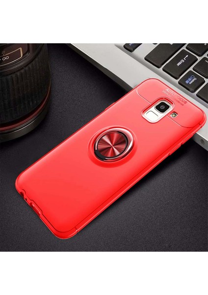 Case 4U Samsung Galaxy J6 Kılıf Autofocus Shockprof Ravel Yüzüklü Standlı Slikon Kapak Kırmızı