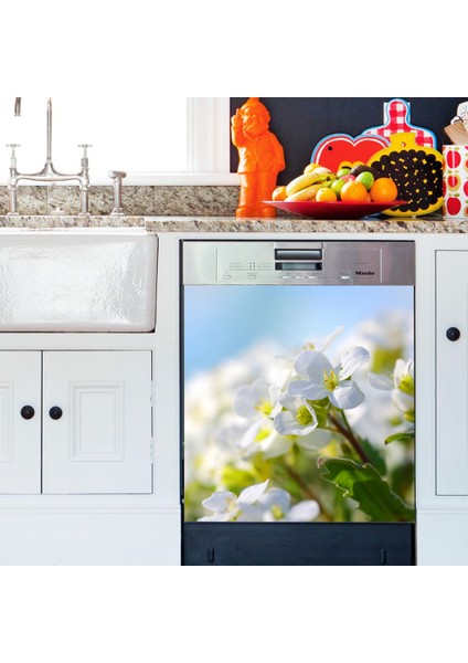 Beyaz Çiçekler Bulaşık Makinası Kapak Stickerı
