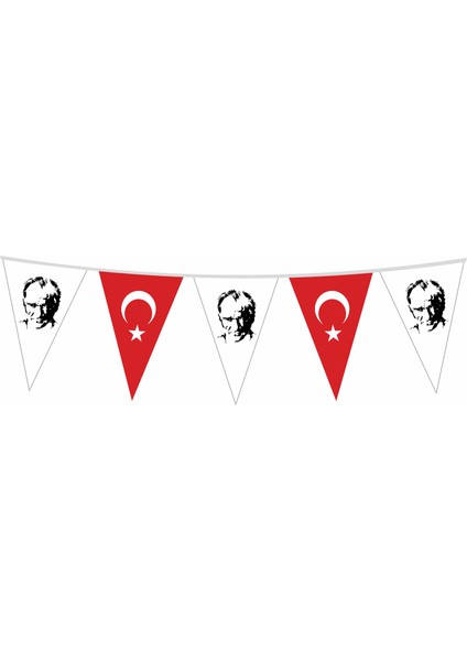 Atatürk ve Türk Bayraklı Üçgen Süs Flaması 20 x 30Cm - 25 m