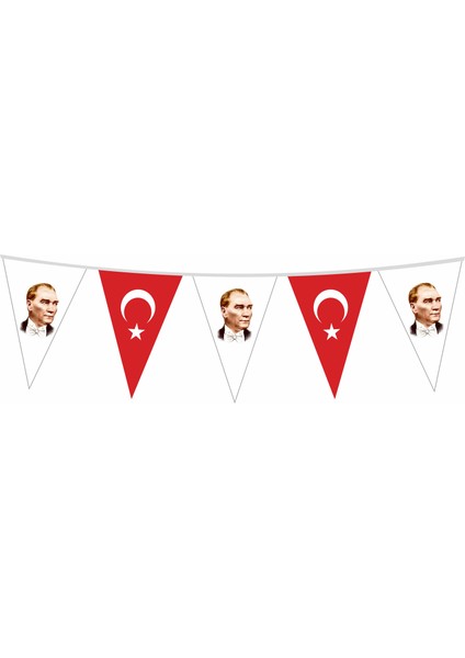 Atatürk ve Türk Bayraklı Üçgen Süs Flaması 20 x 30Cm - 25 m