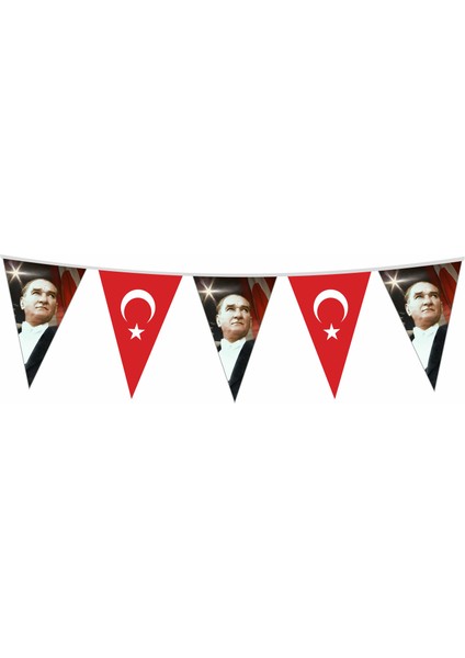 Atatürk ve Türk Bayraklı Üçgen Süs Flaması 20 x 30Cm - 25 m