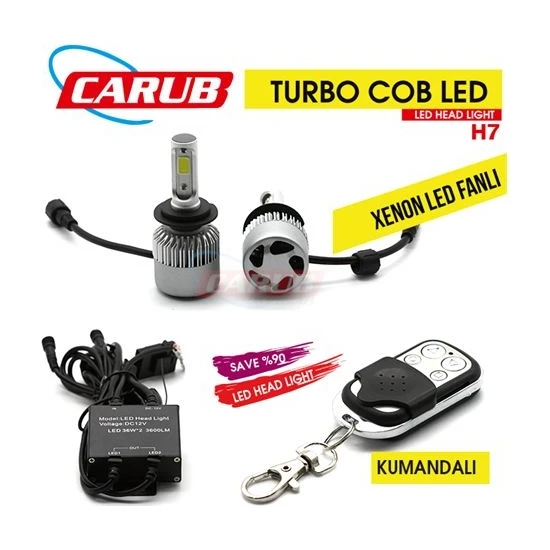 Carub Xenon Led Turbo 12V Fanlı C.O.B H7 Kumandalı